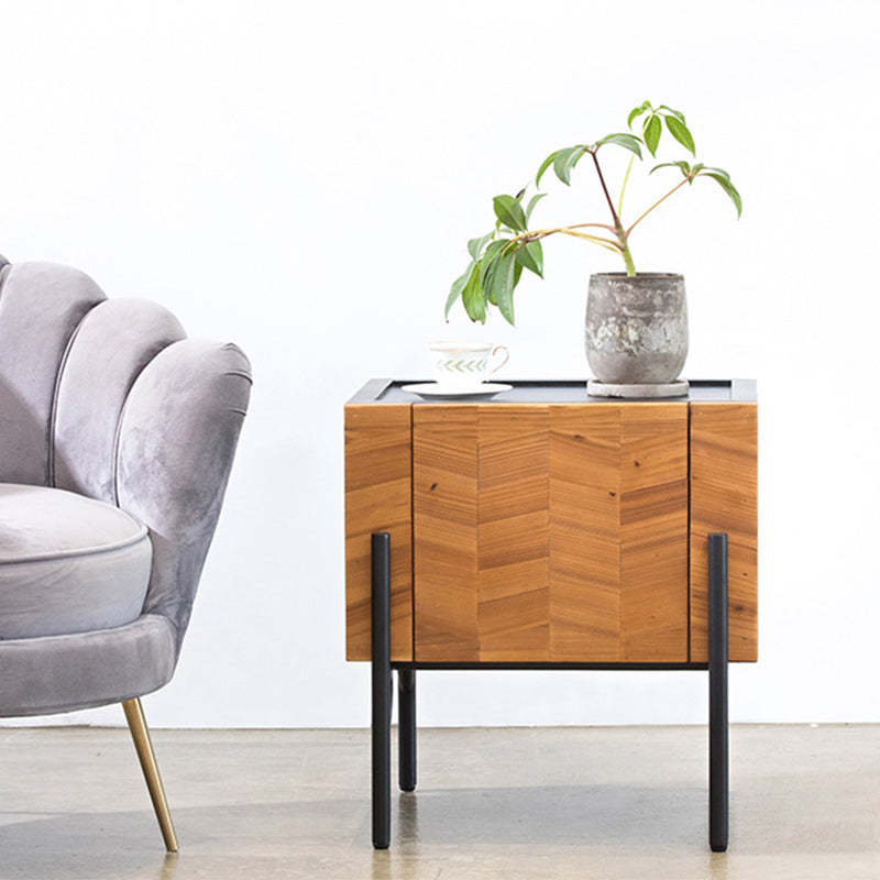 Scandinavian Square Iron Fir Wood 2-Tier Nightstand