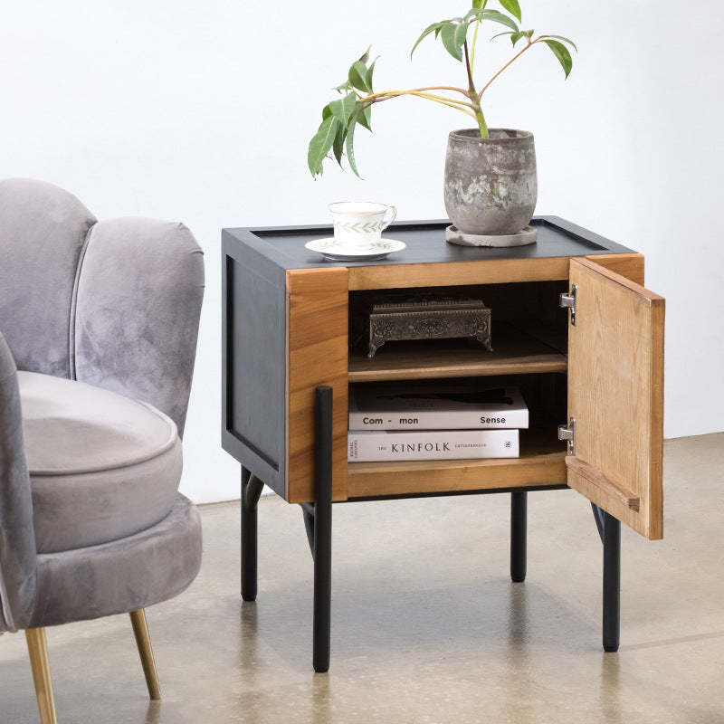 Scandinavian Square Iron Fir Wood 2-Tier Nightstand
