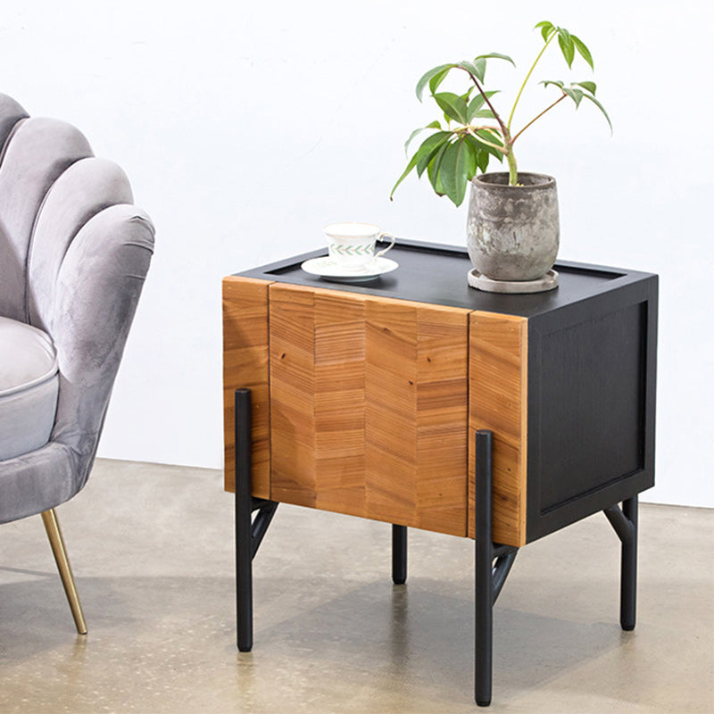 Scandinavian Square Iron Fir Wood 2-Tier Nightstand