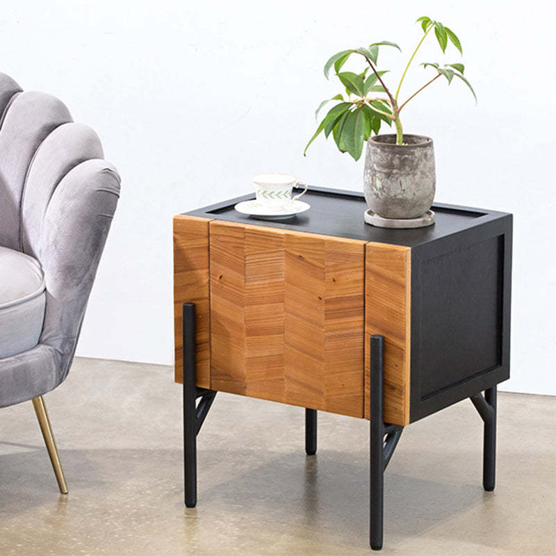Scandinavian Square Iron Fir Wood 2-Tier Nightstand