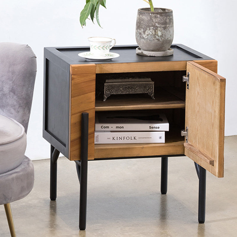 Scandinavian Square Iron Fir Wood 2-Tier Nightstand