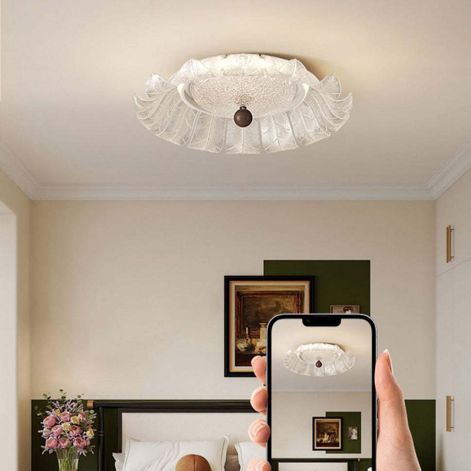French Petal Iron Glass Acrylic Round LED Flush Mount Light