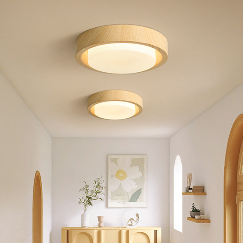 Nordic Round Wood Iron Glass LED Flush Mount Light