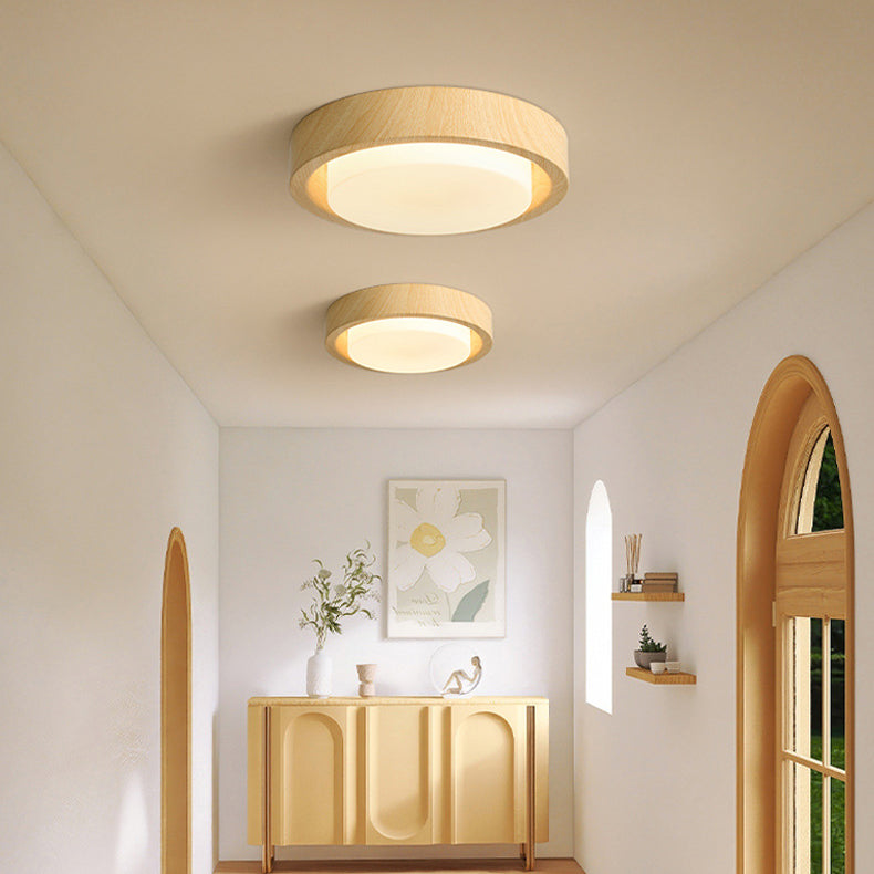 Nordic Round Wood Iron Glass LED Flush Mount Light