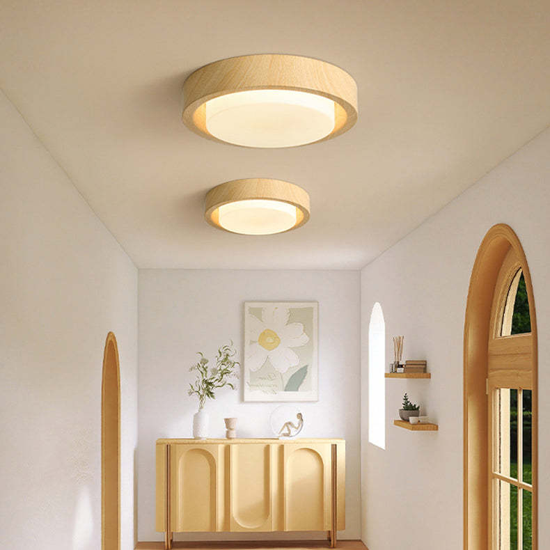 Nordic Round Wood Iron Glass LED Flush Mount Light