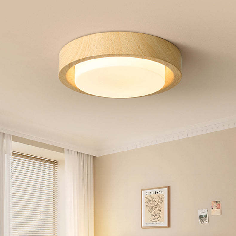 Nordic Round Wood Iron Glass LED Flush Mount Light