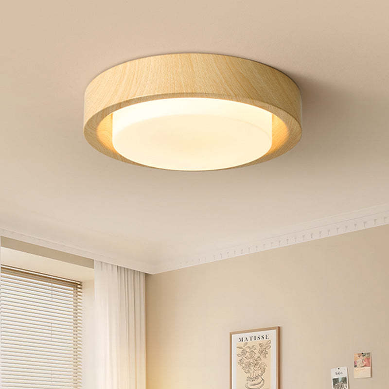 Nordic Round Wood Iron Glass LED Flush Mount Light