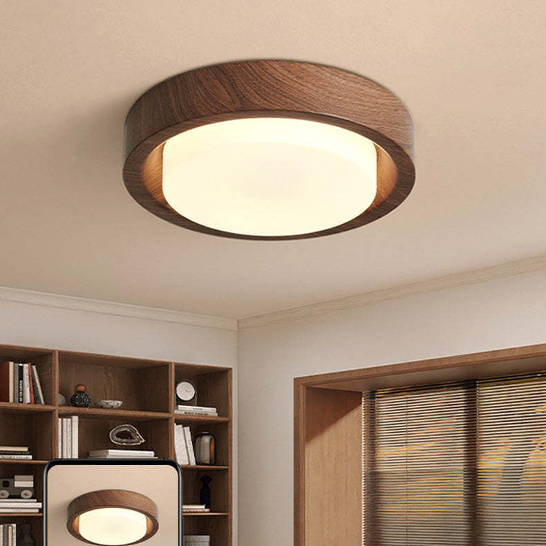 Nordic Round Wood Iron Glass LED Flush Mount Light