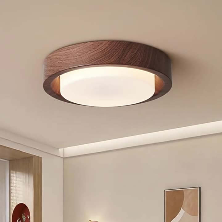 Nordic Round Wood Iron Glass LED Flush Mount Light