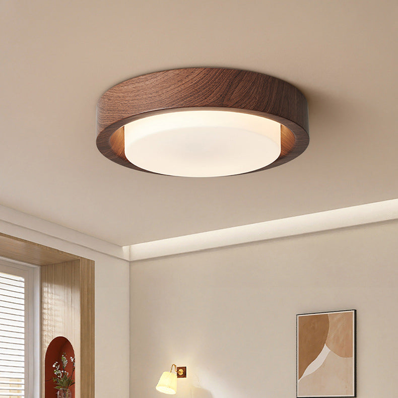 Nordic Round Wood Iron Glass LED Flush Mount Light
