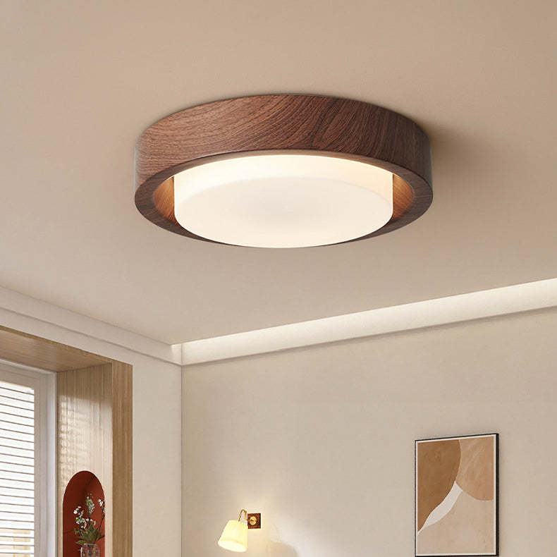Nordic Round Wood Iron Glass LED Flush Mount Light