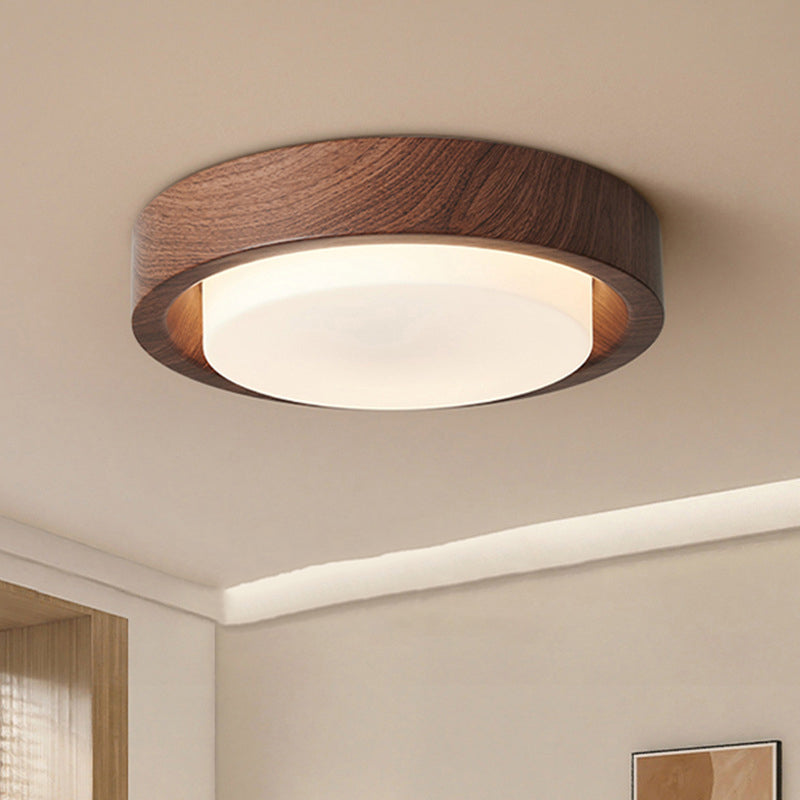 Nordic Round Wood Iron Glass LED Flush Mount Light