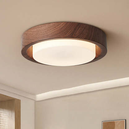 Nordic Round Wood Iron Glass LED Flush Mount Light