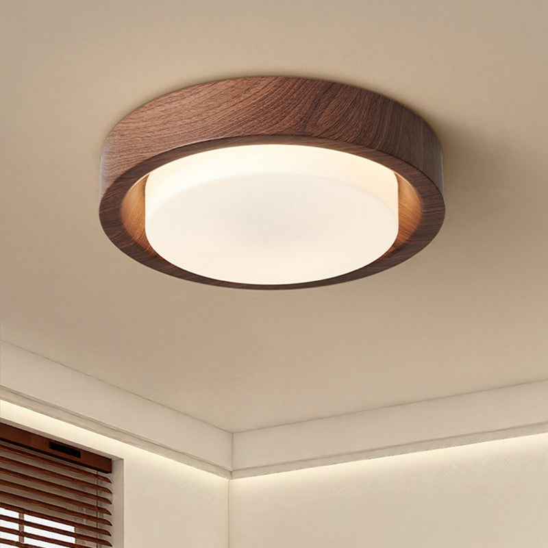 Nordic Round Wood Iron Glass LED Flush Mount Light