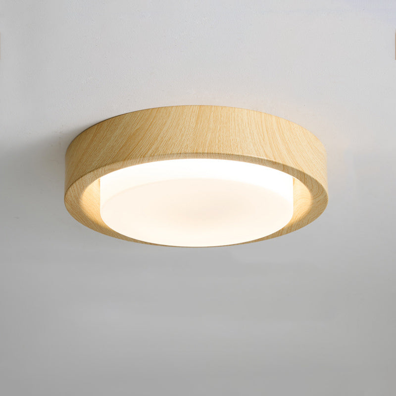Nordic Round Wood Iron Glass LED Flush Mount Light