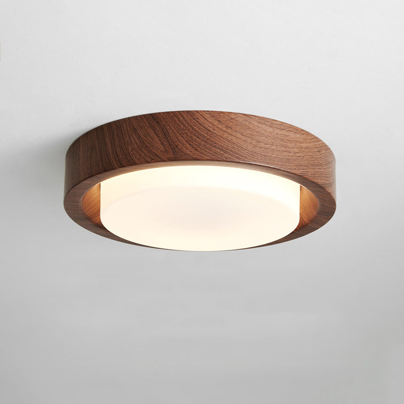 Nordic Round Wood Iron Glass LED Flush Mount Light