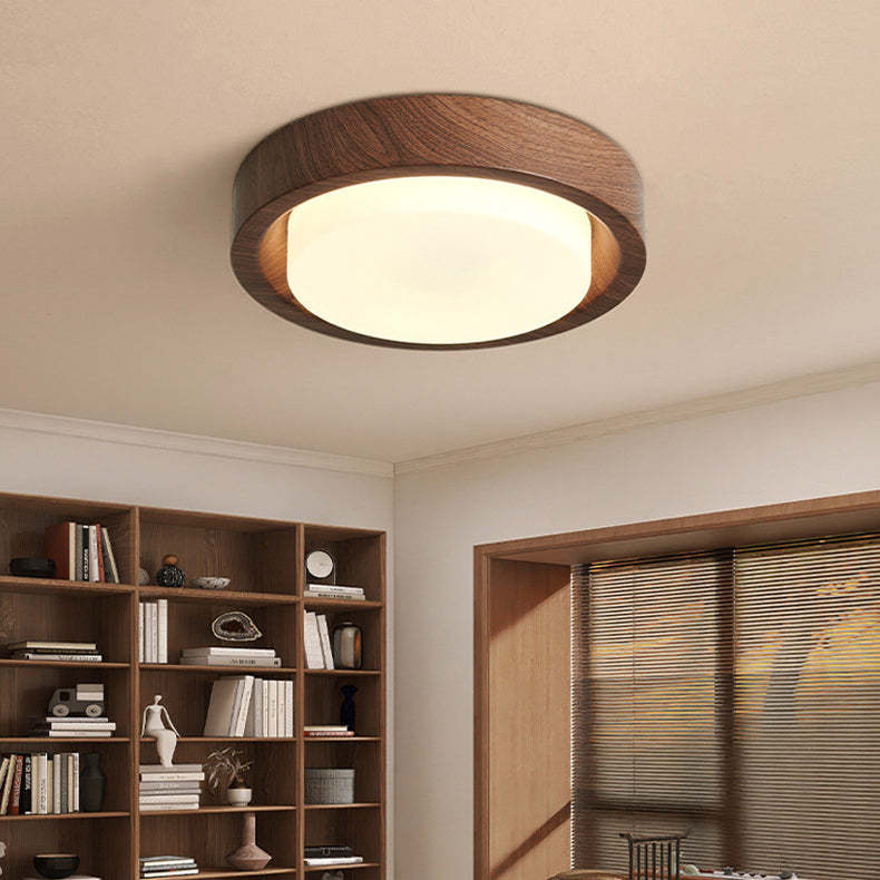 Nordic Round Wood Iron Glass LED Flush Mount Light