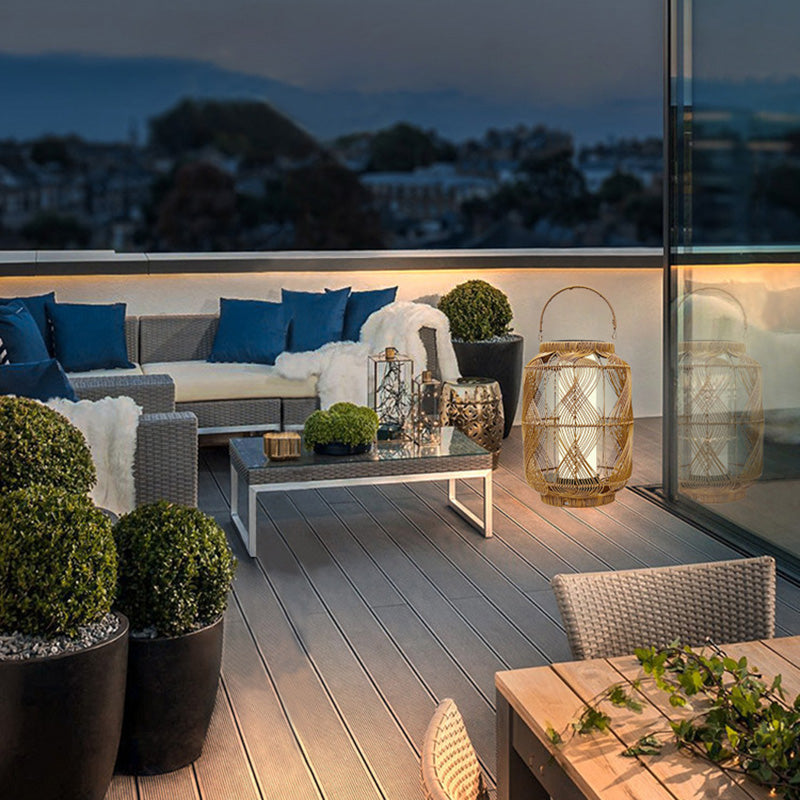 Coastal Solar Cylinder Lantern Rattan Iron Floor Lamp