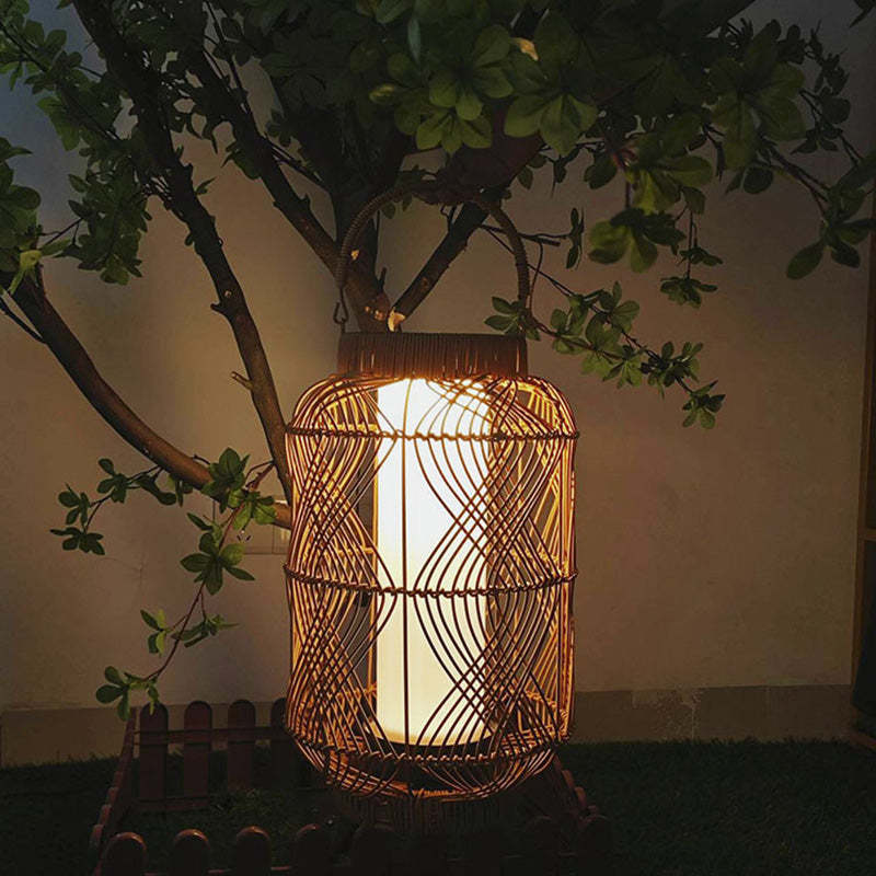 Coastal Solar Cylinder Lantern Rattan Iron Floor Lamp