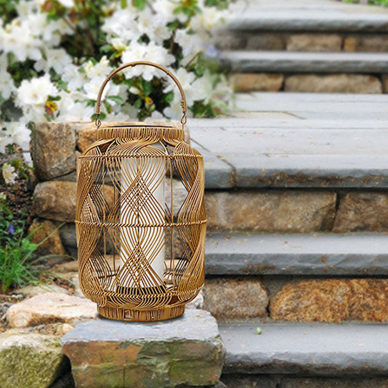 Coastal Solar Cylinder Lantern Rattan Iron Floor Lamp