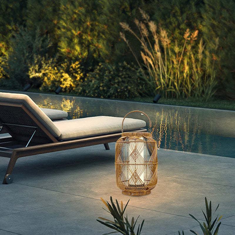 Coastal Solar Cylinder Lantern Rattan Iron Floor Lamp