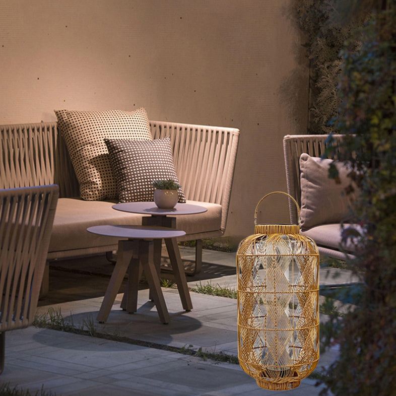 Coastal Solar Cylinder Lantern Rattan Iron Floor Lamp