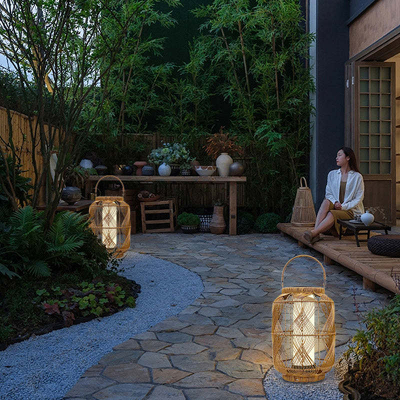 Coastal Solar Cylinder Lantern Rattan Iron Floor Lamp