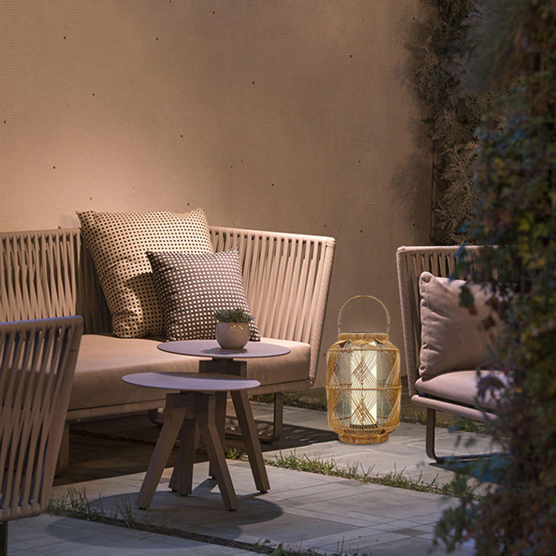 Coastal Solar Cylinder Lantern Rattan Iron Floor Lamp