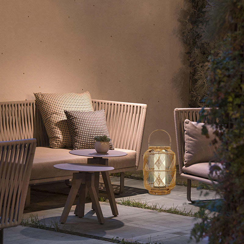 Coastal Solar Cylinder Lantern Rattan Iron Floor Lamp