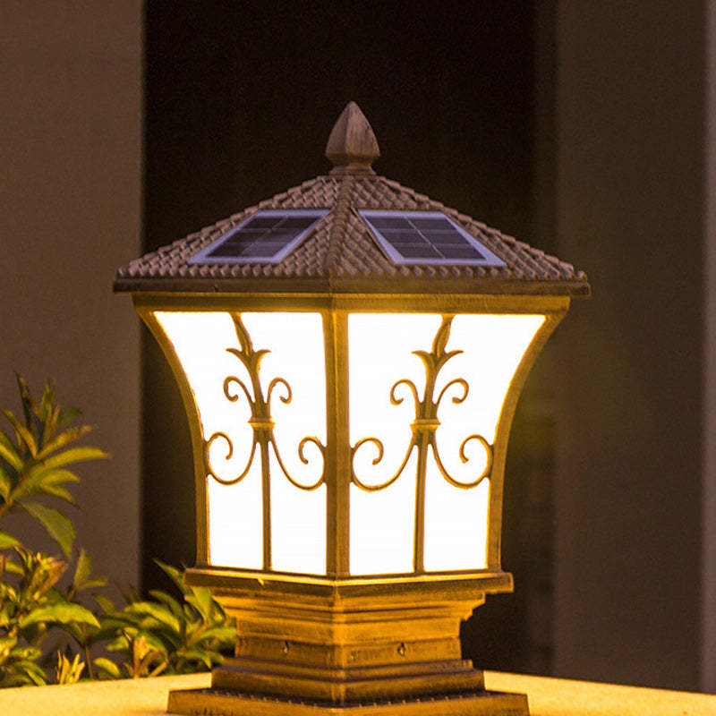 Chinese Solar Carved Aluminum Glass LED Outdoor Post Light — 3.7V / Black / 4 Colors Light (White Light/Warm Light/Neutral Light/Red Light)