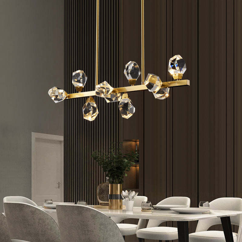 Long Irregular Crystal Brass Frame LED Island Chandelier