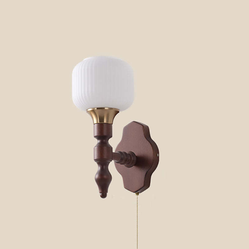 French Trapezoidal Orb Wood Iron Fabric Wall Sconce