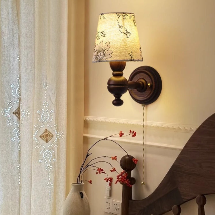 French Trapezoidal Orb Wood Iron Fabric Wall Sconce — A / 220V-240V For UK/AU