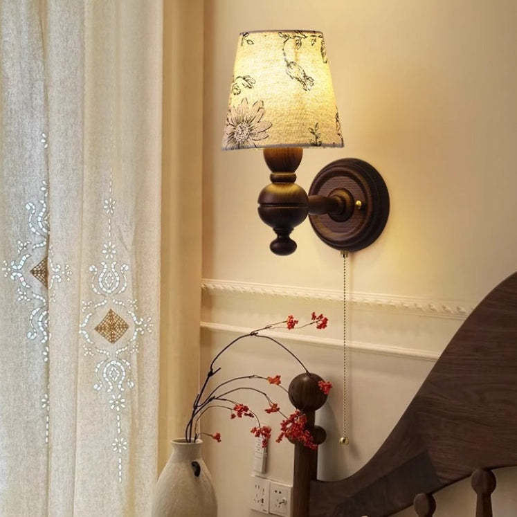French Trapezoidal Orb Wood Iron Fabric Wall Sconce — A / 220V-240V For UK/AU
