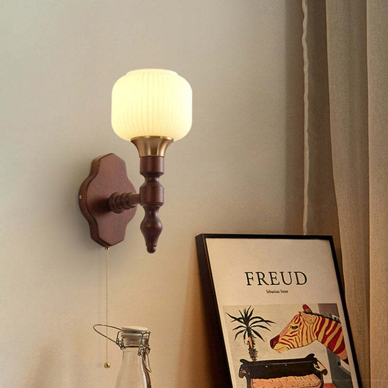 French Trapezoidal Orb Wood Iron Fabric Wall Sconce — B / 110V-120V For US/CA
