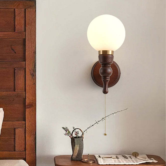 French Trapezoidal Orb Wood Iron Fabric Wall Sconce