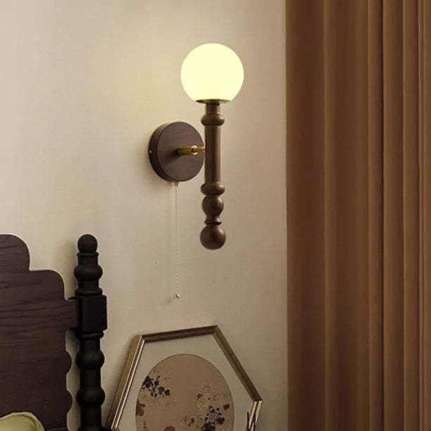 French Trapezoidal Orb Wood Iron Fabric Wall Sconce