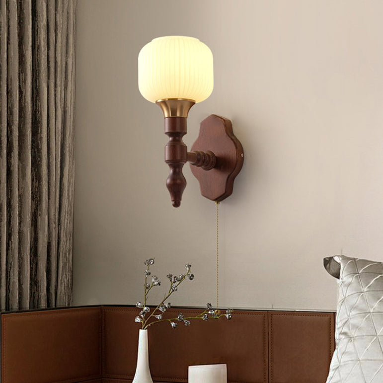 French Trapezoidal Orb Wood Iron Fabric Wall Sconce