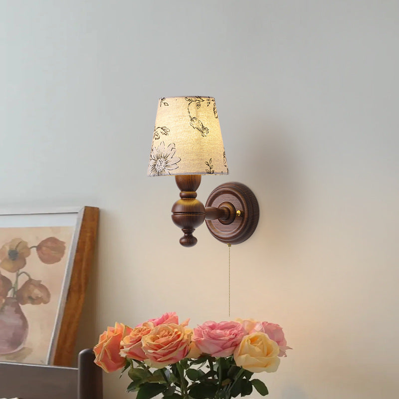 French Trapezoidal Orb Wood Iron Fabric Wall Sconce
