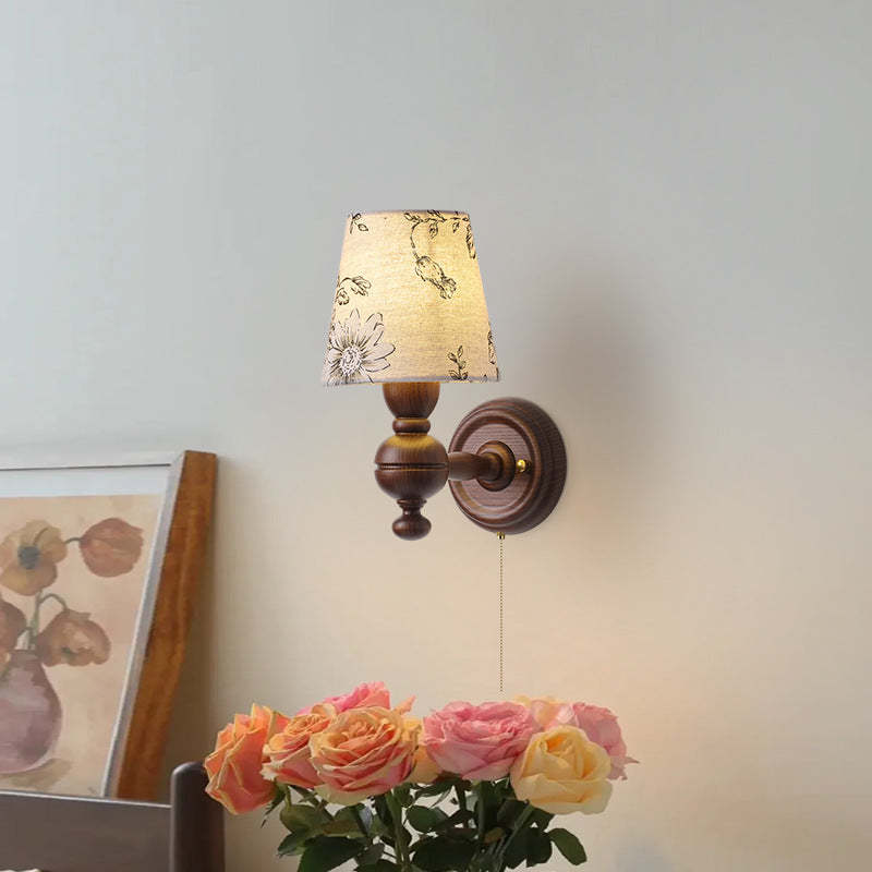 French Trapezoidal Orb Wood Iron Fabric Wall Sconce