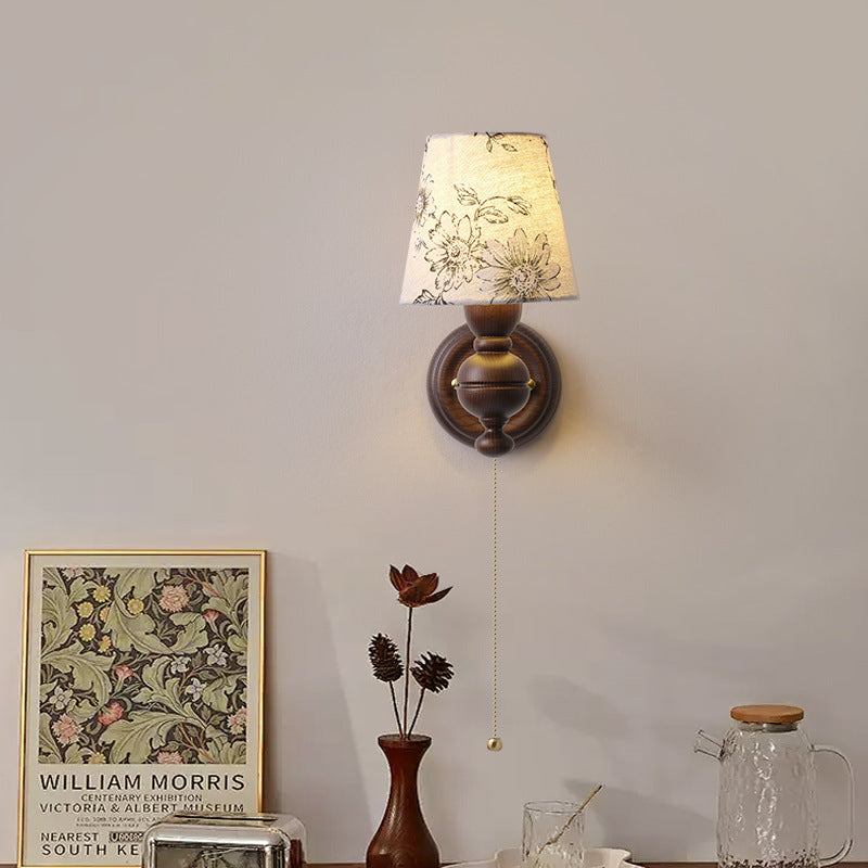 French Trapezoidal Orb Wood Iron Fabric Wall Sconce