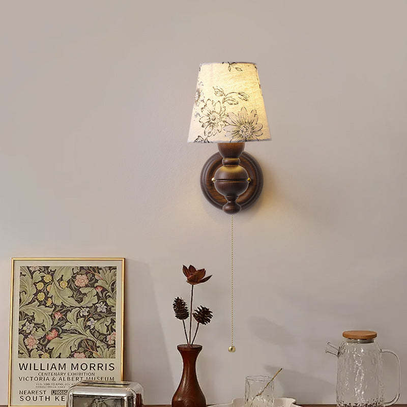 French Trapezoidal Orb Wood Iron Fabric Wall Sconce