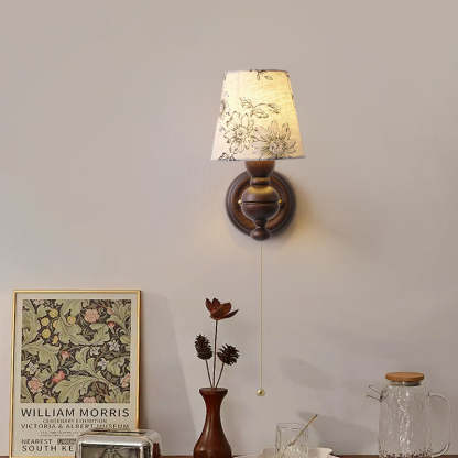 French Trapezoidal Orb Wood Iron Fabric Wall Sconce