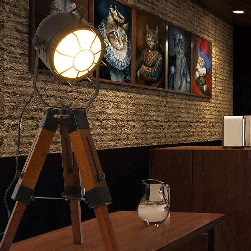 Vintage Tripod Cylinder Iron Wood Table Lamp