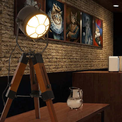 Vintage Tripod Cylinder Iron Wood Table Lamp