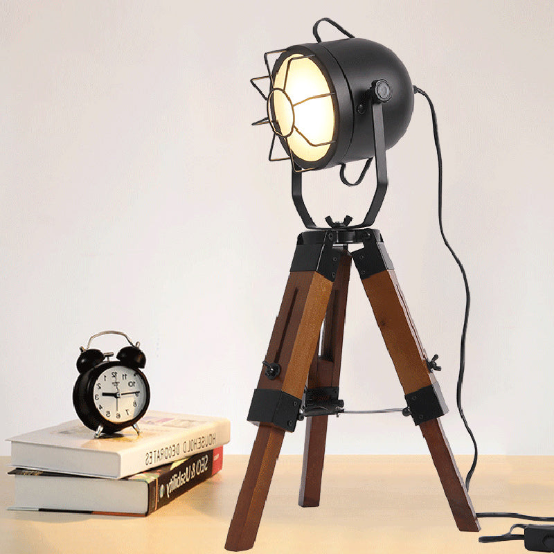 Vintage Tripod Cylinder Iron Wood Table Lamp