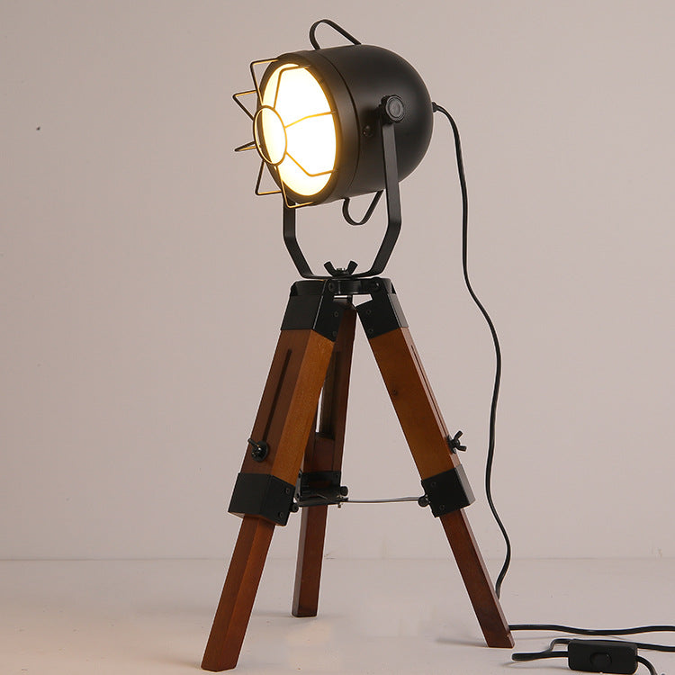 Vintage Tripod Cylinder Iron Wood Table Lamp