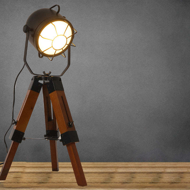 Vintage Tripod Cylinder Iron Wood Table Lamp