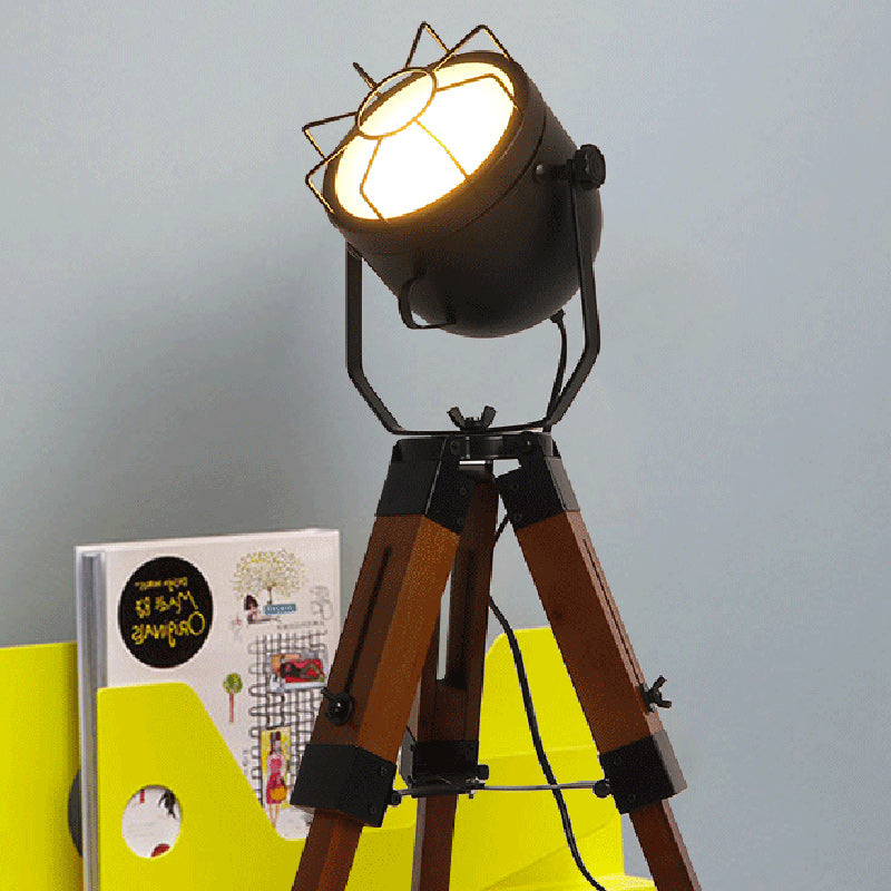Vintage Tripod Cylinder Iron Wood Table Lamp