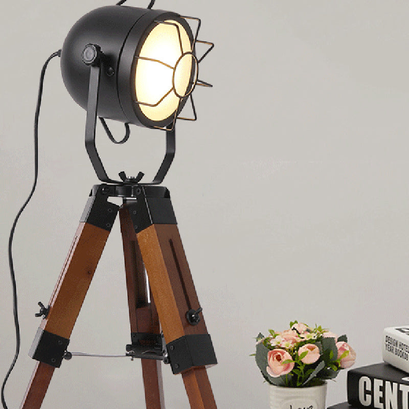 Vintage Tripod Cylinder Iron Wood Table Lamp
